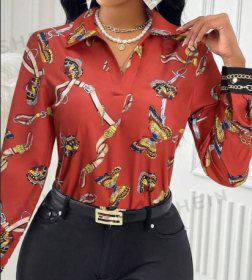 Women's Casual Butterfly Print Long Sleeve Shirt, Assorted Prints (Option: Burgundy-3XL)