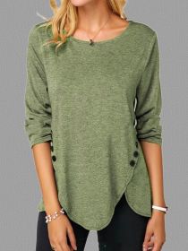 Irregular Button Hem Long Sleeved Round Neck Oversized T-shirt (Option: Green-3XL)
