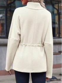Fisoew Women's Turtleneck Sweatshirts Fleece Drawstring Waist Casual Long Sleeve Pullover Sweater Side Slit Tunic Tops (Option: Beige-L)