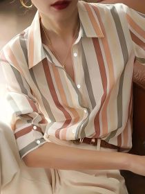 Ladies' Long-sleeved Striped Printed Versatile Casual Shirt (Option: Brown-S)