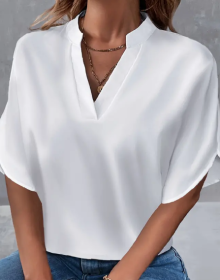 Lightweight Solid Color Notch Neck Blouse - Stylish Short Split Sleeves For Spring & Summer - Trendy Womens Casual Top (Option: White-L)