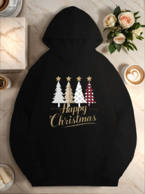 Trees Happy Christmas Women's Plus Size Hoodies (Option: Black-XL)