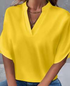Lightweight Solid Color Notch Neck Blouse - Stylish Short Split Sleeves For Spring & Summer - Trendy Womens Casual Top (Option: Yellow-2XL)