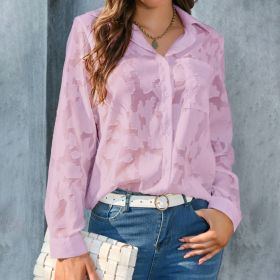 Womens Casual Sheer Button Down Shirts Long Sleeve V Neck Jacquard Blouses Tops (Option: Purple-S)