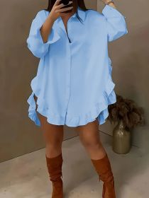 Hem Ruffled Casual Long Sleeve Shirt (Option: Blue-S)