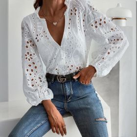 Women's Solid Color Stand Collar Long Sleeve Blouse Elegant Embroidery Cut-out Casual Spring Summer Fashion Top (Option: White-XXL)
