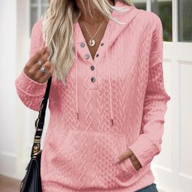 Women's V-Neck Solid Textured Long Sleeve Hoodie With Button Front & Kangaroo Pocket - Drawstring Hood Casual Pullover (Option: Pink-L)