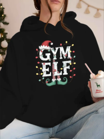 Christmas Gym Elf Graphic Hoodie For Women,  Casual Style With Pocket, Non-Stretch Fall Winter Hooded Sweatshirt (Option: Black-2XL)