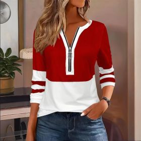 Women's Zip-Up Round Neck Long Sleeve Sweatshirt With Color Block Stripes - Casual Pullover Top For Spring&Fall (Option: Red-L)