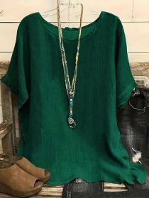 Women Fashion Casual Shirts Solid Color 3 4 Sleeve Round Neck Blouses Summer Loose Tops Streetwear (Option: Dark Green-S)