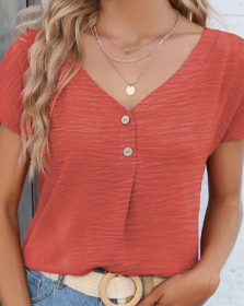 Solid Button Front Blouse, Casual V Neck Short Sleeve Blouse For Spring & Summer, Women's Clothing (Option: Brick Red-S)