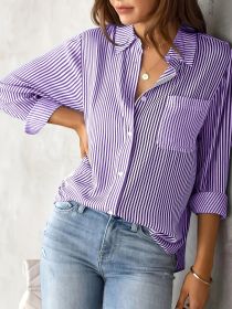 Ladies' Shirt, Classic Striped Print Casual Collar Long Sleeve With Pockets Shirt (Option: Purple-S)