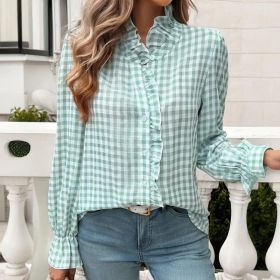 Women's French Style Checkered Button-Up Shirt - Elegant Plaid Pattern, Stand Collar With Ruffled Cuffs, Comfortable Wear (Option: Light Green-XXL)