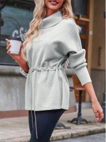 Fisoew Women's Turtleneck Sweatshirts Fleece Drawstring Waist Casual Long Sleeve Pullover Sweater Side Slit Tunic Tops (Option: Gray-XL)