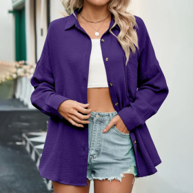 Women's Solid Color V-Neck Long Sleeve Blouse - Textured Button-Up Shirt, Casual & Minimalist Top For Spring&Fall (Option: Purple-XXL)