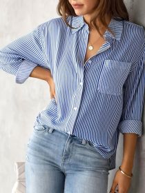 Ladies' Shirt, Classic Striped Print Casual Collar Long Sleeve With Pockets Shirt (Option: Blue-S)