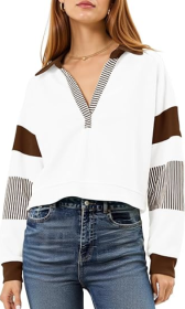 Fisoew Women's Long Sleeve Crop Tops Polo V Neck Color Block Casual Loose Pullover Cropped Sweatshirt (Option: White-XL)