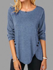 Irregular Button Hem Long Sleeved Round Neck Oversized T-shirt (Option: Blue-3XL)