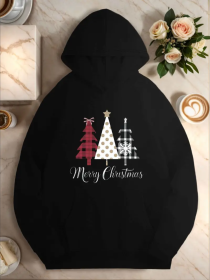 Plaid Polka Merry Christmas 250G Women'S Plus Size Hoodies (Option: Black-2XL)