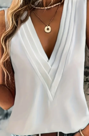 Ruched V Neck Blouse, Casual Sleeveless Solid Versatile Blouse, Women's Clothing (Option: White-L)