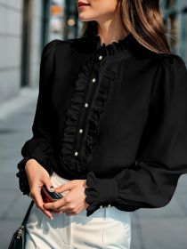 Fashionable Stand-up Collar Long-sleeved Shirt With Lotus Leaf Hem (Option: Black-S)