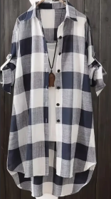 Plus Size Plaid Print Casual Collared Long Sleeve Shirt, Women's Buttons Shirt (Option: Blue And White-S)