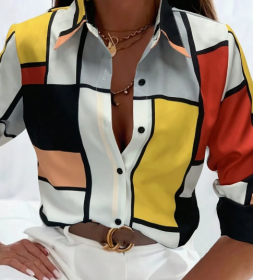 Women's Colorblock Printed Casual Single-Breasted Long Sleeve Shirt, Daily Wear (Option: Yellow-S)