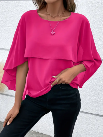 Solid Layered Cloak Sleeve Blouse, Versatile Crew Neck Blouse For Spring & Fall, Women's Clothing (Option: Peach Pink-3XL)