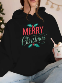 Plus Size Merry Christmas Hoodie For Women, Casual Style, Geometric Pattern, With Front Pocket, For Fall Winter Season, Hooded Sweatshirt (Option: Black-XL)