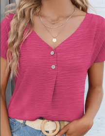 Solid Button Front Blouse, Casual V Neck Short Sleeve Blouse For Spring & Summer, Women's Clothing (Option: Dark Pink-S)