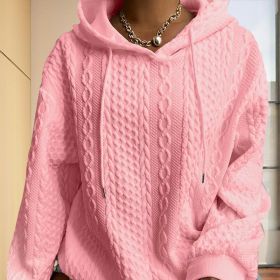 Women's Solid Color Ribbed Design Long Sleeve Hoodie - Loose Fit Drawstring Pullover For Fall & Winter Casual Wear (Option: Pink-M)