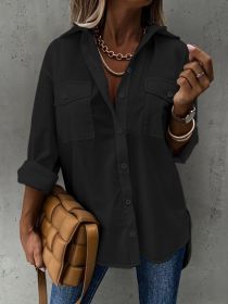 Simple Casual Long Sleeve Shirt With Pocket (Option: Black-M)