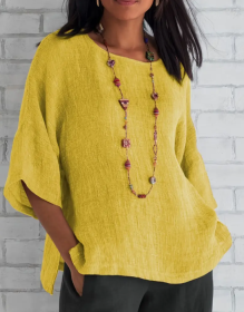 Women Fashion Casual Shirts Solid Color 3 4 Sleeve Round Neck Blouses Summer Loose Tops Streetwear (Option: Yellow-M)