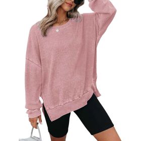 Womens Waffle Knit Crewneck Sweatshirts Long Sleeve Side Slits Casual Pullover Sweatshirt Tops (Option: Pink-L)