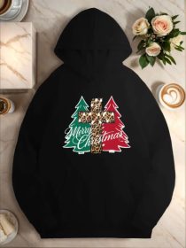 Women'S Plus Size Casual Hoodie With Leopard Print Christmas Tree - Geometric Pattern,Fall Winter Hooded Sweatshirt With Pocket (Option: Black-L)