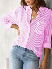 Ladies' Shirt, Classic Striped Print Casual Collar Long Sleeve With Pockets Shirt (Option: Pink-S)