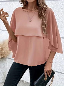 Solid Layered Cloak Sleeve Blouse, Versatile Crew Neck Blouse For Spring & Fall, Women's Clothing (Option: Pink-3XL)