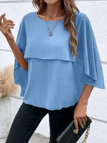 Solid Layered Cloak Sleeve Blouse, Versatile Crew Neck Blouse For Spring & Fall, Women's Clothing (Option: Blue-L)