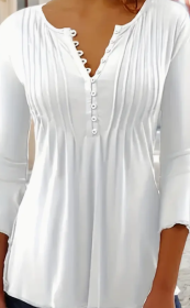 Button Front Ruched Blouse, Casual Solid Crew Neck Blouse, Women's Clothing (Option: White-2XL)