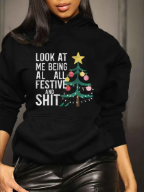 Festive Christmas Tree Graphic Hoodie, Women'S Plus Size Casual Hooded Sweatshirt With Pocket, Geometric Pattern Fall Winter Top (Option: Black-XL)