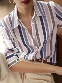 Ladies' Long-sleeved Striped Printed Versatile Casual Shirt (Option: Purple-S)