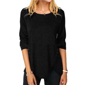 Irregular Button Hem Long Sleeved Round Neck Oversized T-shirt (Option: Black-3XL)