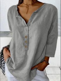 Solid Color Notched Collar Shirt Casual Button-down Shirt (Option: Grey-S)
