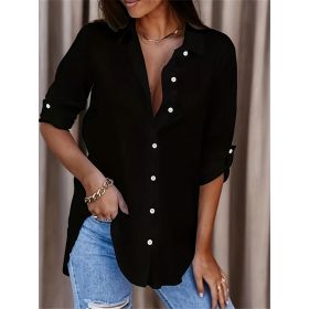 Women's Casual Long Sleeve Button-Down Shirt With Roll-Up Sleeves, Stylish Mid-Length Blouse For Everyday Wear (Option: Black-M)