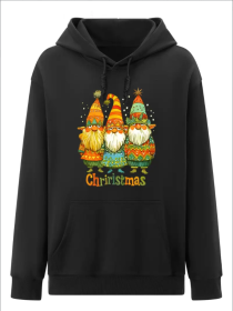 Women's Fashion Christmas Santa Claus Cartoon Print Hoodies Long Sleeve Hood Sweatshirt Loose Fit Tops Fall Streetwear (Option: Black-S)