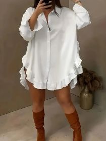Hem Ruffled Casual Long Sleeve Shirt (Option: White-XXL)