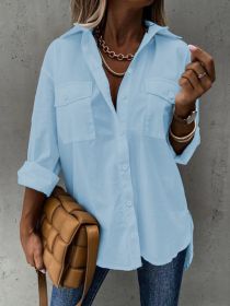 Simple Casual Long Sleeve Shirt With Pocket (Option: Light Blue-S)