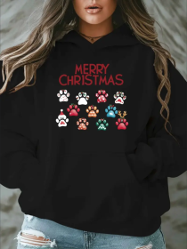 Women'S Plus Size Merry Christmas Hoodie - Casual  Pullover With Alphabet Pattern,  Oversized Hooded Sweatshirt With Pockets For Fall Winter (Option: Black-2XL)