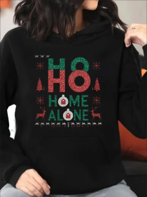 Women Vibrant Home Alone Christmas Print Hoodie Plus Size Casual Long Sleeve Top With Pocket (Option: Black-S)