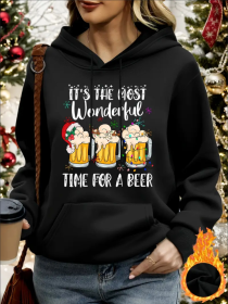 Women'S Christmas Beer Print Hoodie - Casual  Long Sleeve Pullover With Drawstring, Regular Length, Regular Shoulder Loose Fit Hooded Sweatshirt (Option: Black-L)